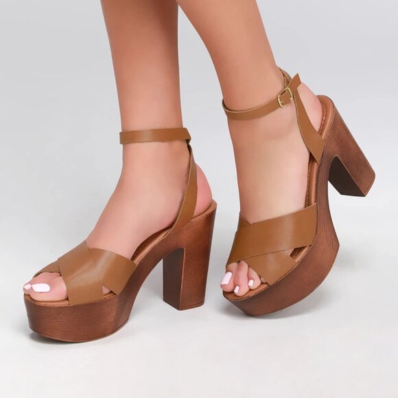 Lulu's NIB Galilea Whiskey Tan Vegan Strappy Heeled Platform Sandals Size 9 - Picture 1 of 12